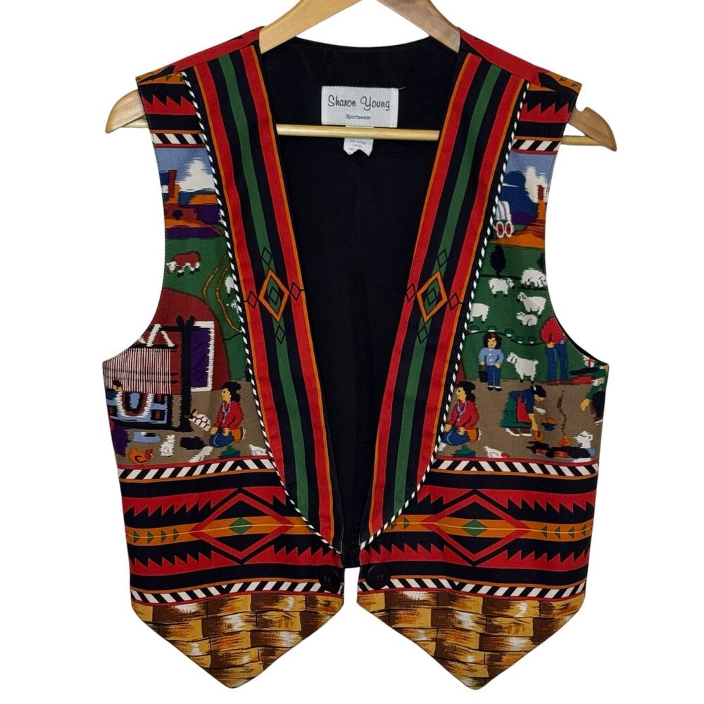 Sharon Young Aztec Folk Art Cotton 1990's Open Front Western Style Vest